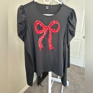 SHEIN Black Blouse with Red Sequin Bow